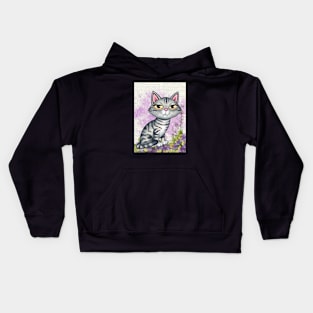 Cute Gray Tabby Kitty with purplish background and flowers Kids Hoodie